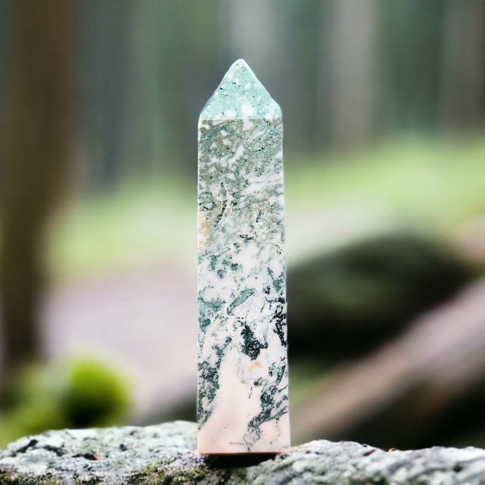Moss agate crystal tower